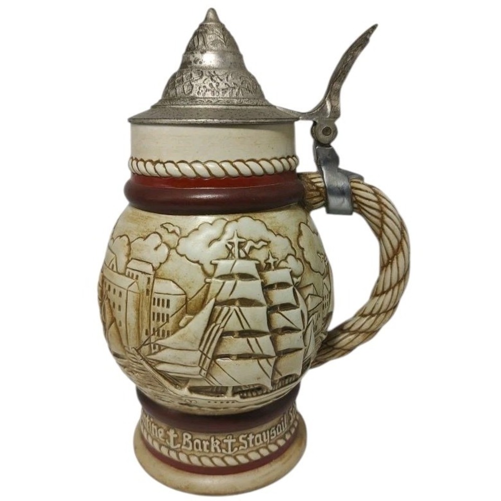 Vintage‎ Avon Ceramic Beer Stein Tall Ships Embossed Handcrafted from Brazil